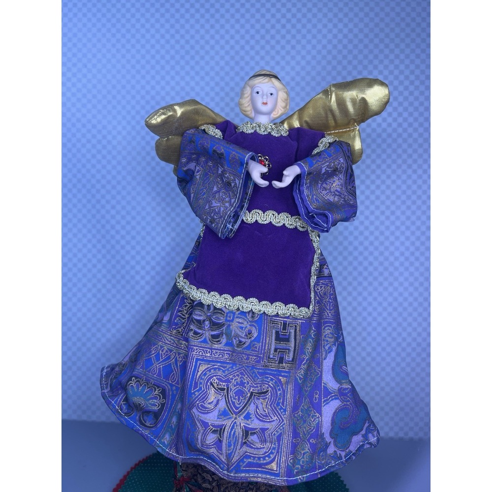 Vintage 11" Victorian Christmas Tree Angel Topper Porcelain Head Gold Purple